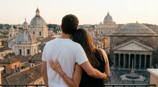 Coppia di espatriati osserva i tetti romani da un balcone nel quartiere Prati