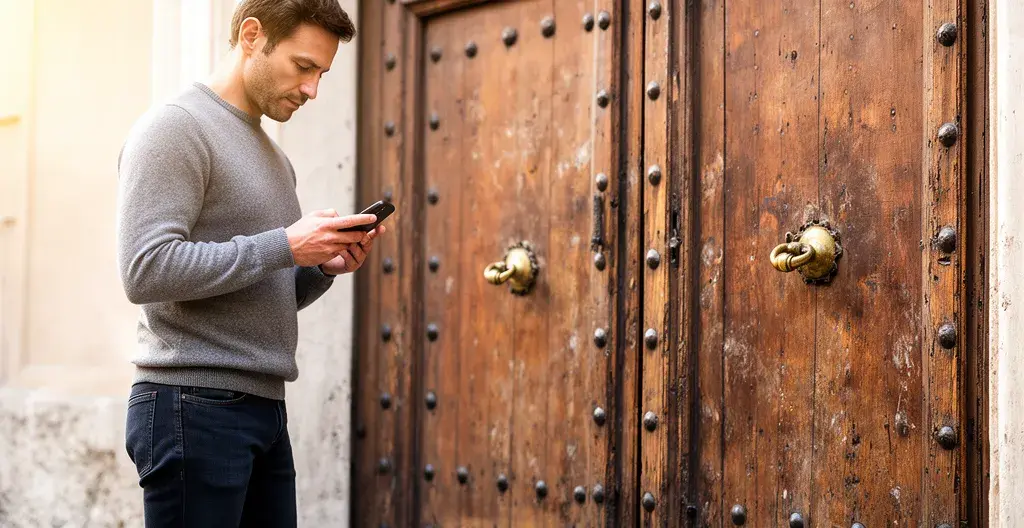 Professionista consulta smartphone per cercare agenzia immobiliare davanti portone storico romano